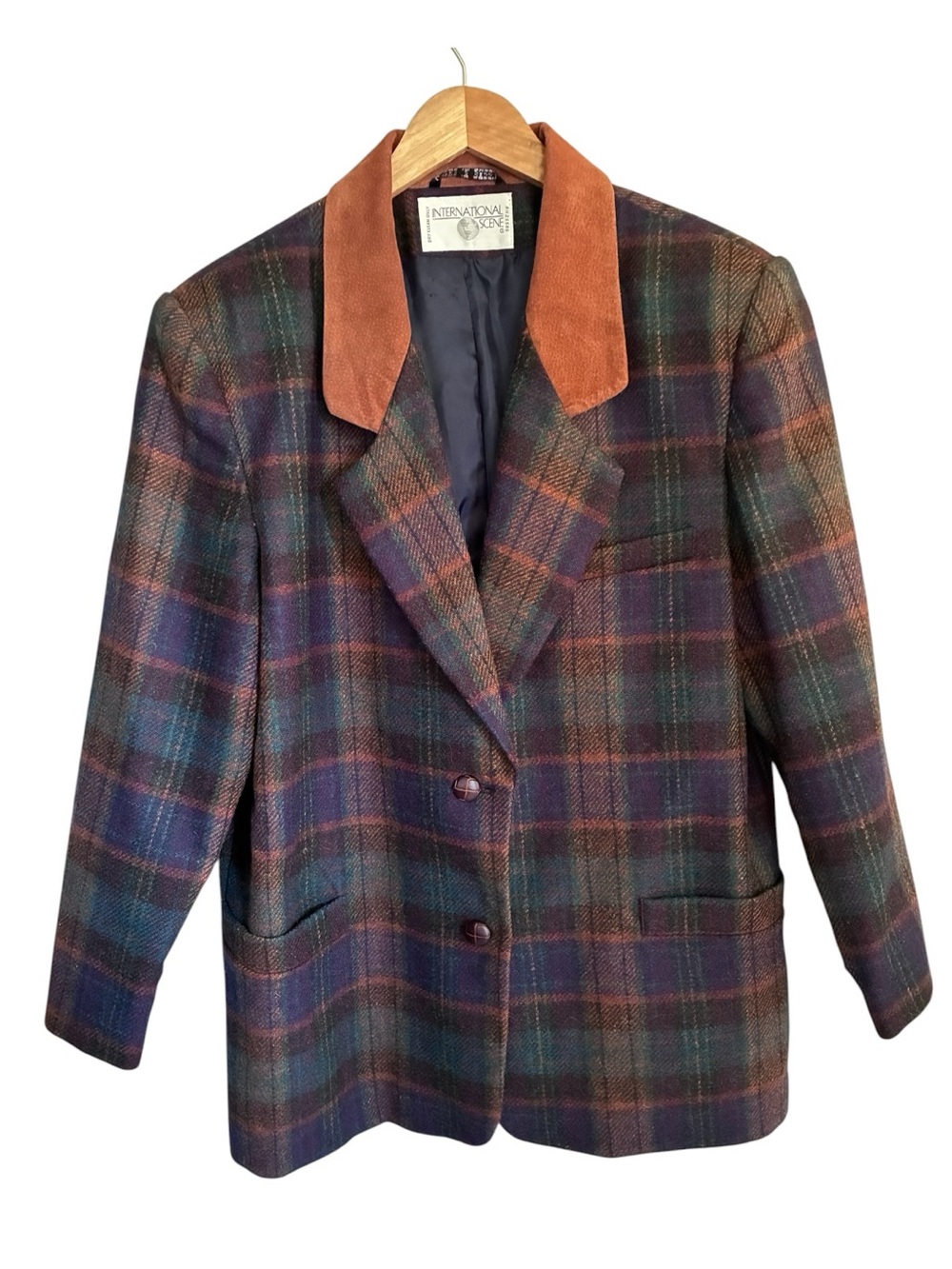Vintage 90s Fall Academia Blue Multicolor Plaid Blazer with Suede Collar Sz L